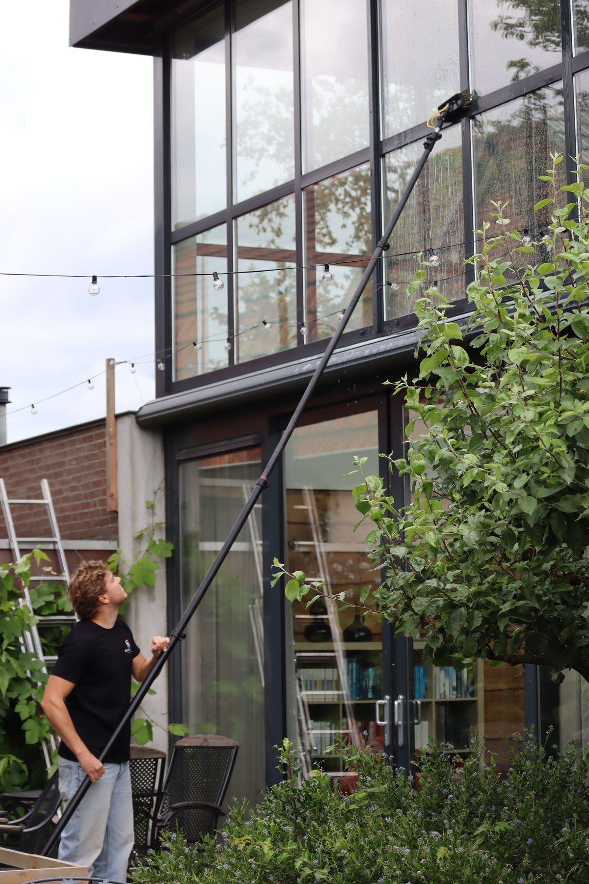Blitzglas reinigt de beglazing van een woning met een waterfed pole